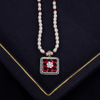 Freshwater Pearl Necklace Set with Sparkling Red Stone Square Pendant, Matching Earrings & Pearl Bracelet | Bridal Designer Jewellery Combo and Gift Set