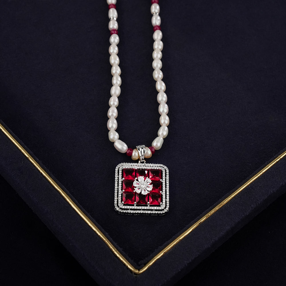 Freshwater Pearl Necklace Set with Sparkling Red Stone Square Pendant, Matching Earrings & Pearl Bracelet | Bridal Designer Jewellery Combo and Gift Set