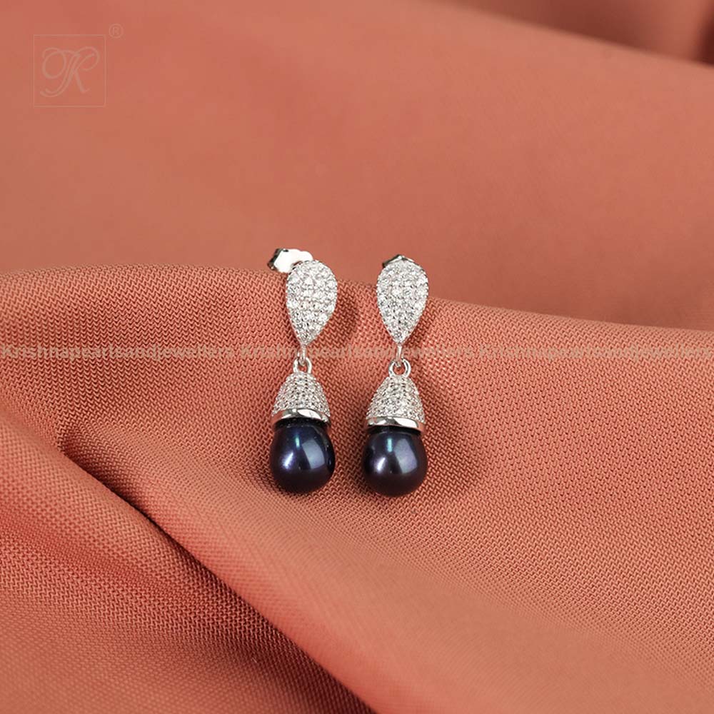 Silver colour pearl hanging earrings with | Krishna Pearls and Jewellers
