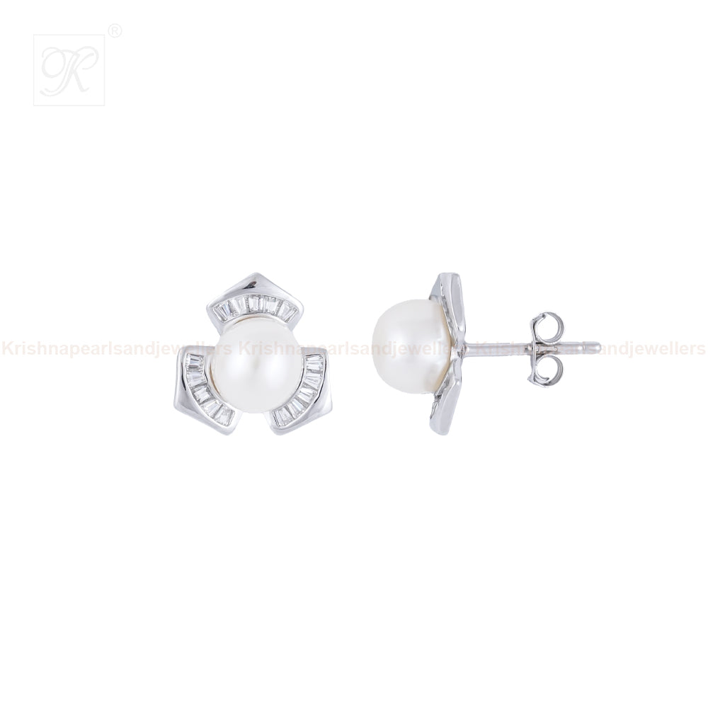 Silver Pearl Blossom Stud Earrings | Krishna Pearls and Jewellers