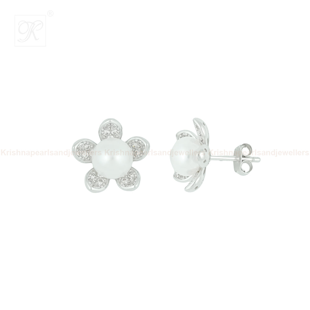 Silver Pearl Stud Earrings with CZ | Krishna Pearls and Jewellers