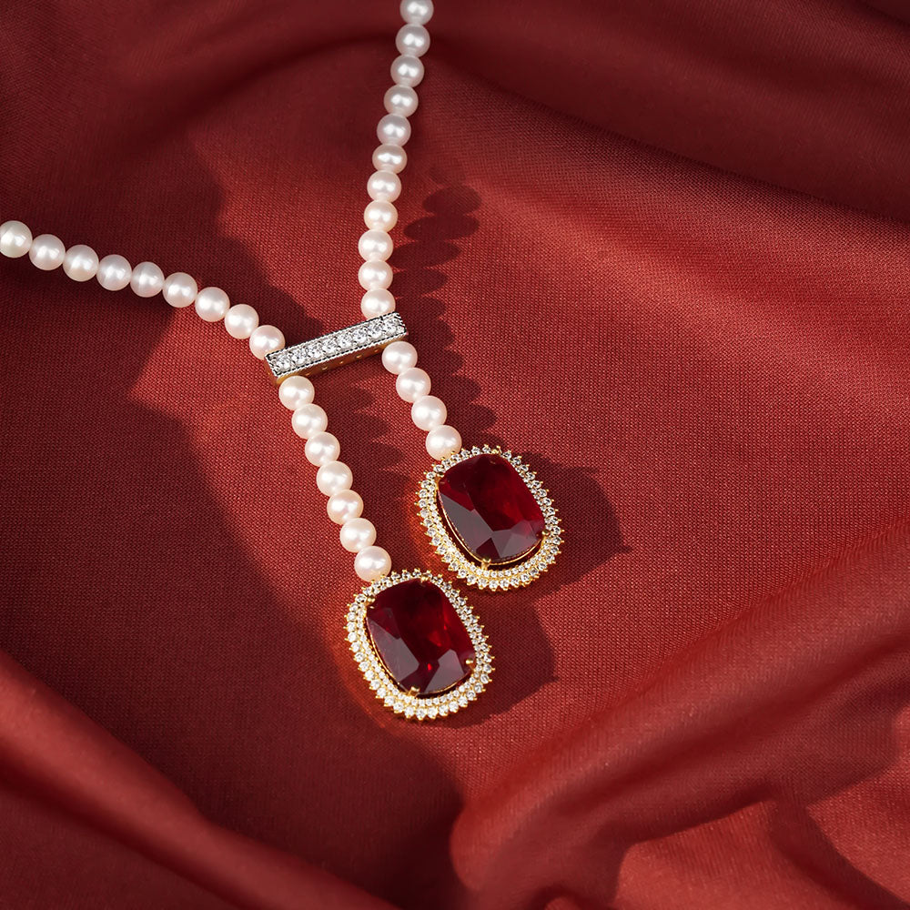 Freshwater Pearl Lariat Necklace & Red Stone Earrings Set