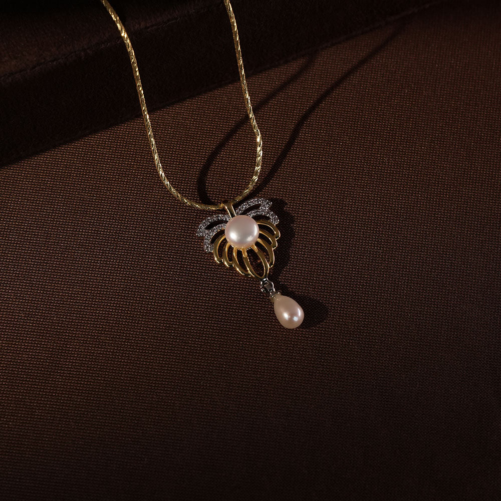 Palm Leaf Pearl Pendant Set with Drop Earrings