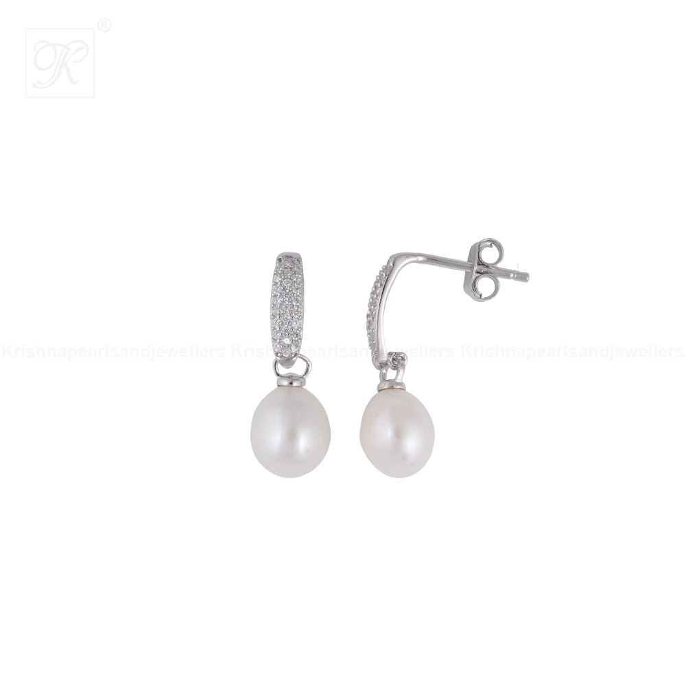 Lustrous Pearl Drop Earrings with CZ | Krishna Pearls and Jewellers