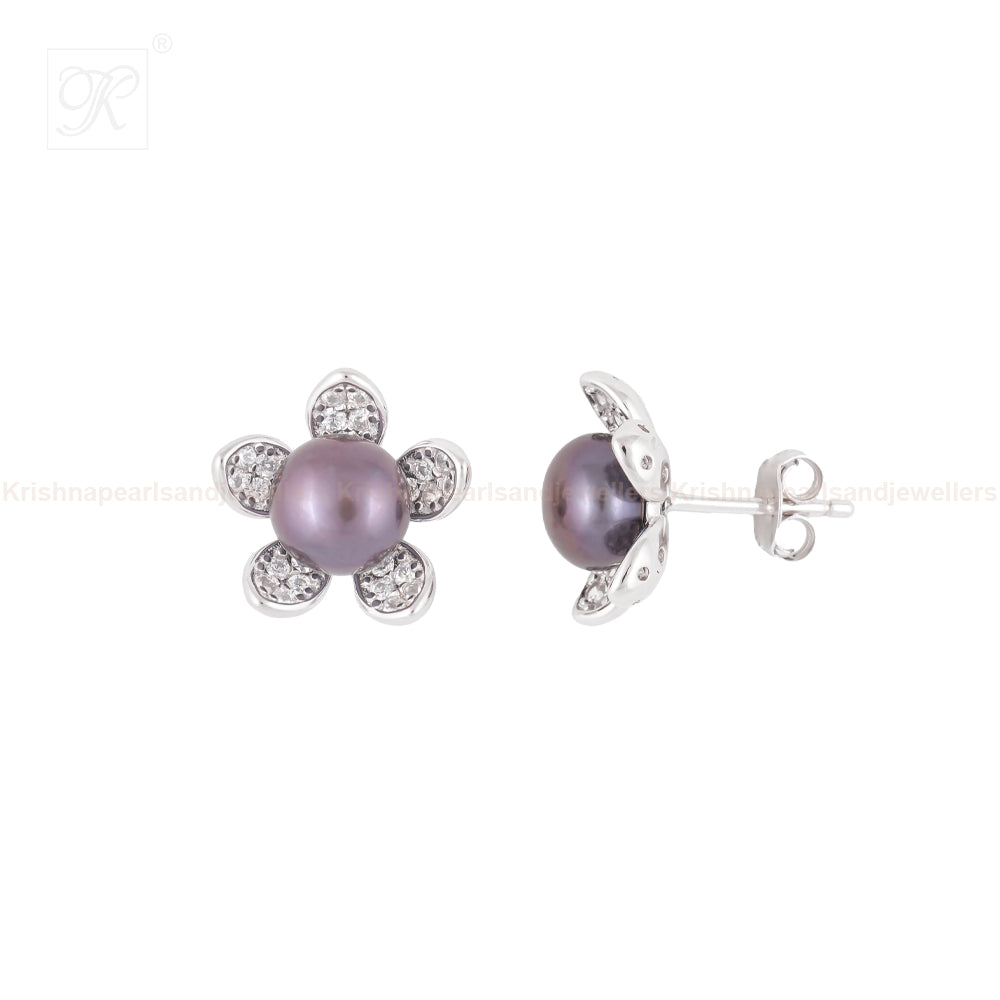Silver Leaf Design Black Pearl Earrings | Krishna Pearls and Jewellers