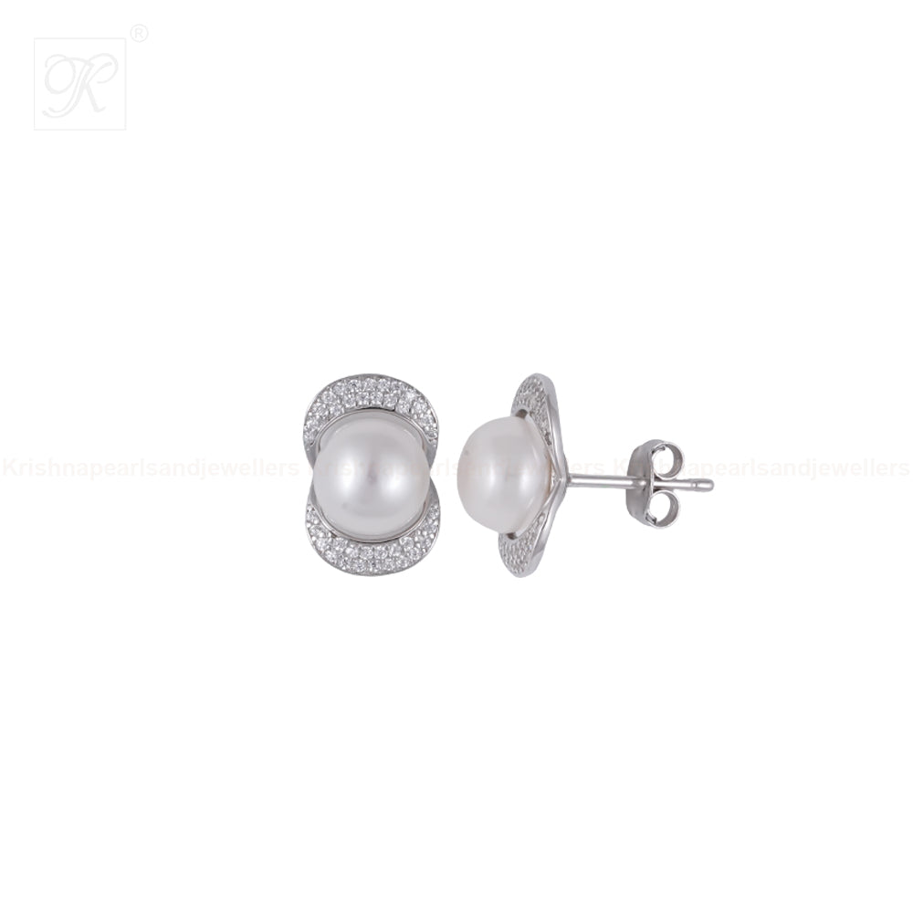 Radiant Embrace Pearl Stud Earrings with CZ | Krishna Pearls and Jewellers
