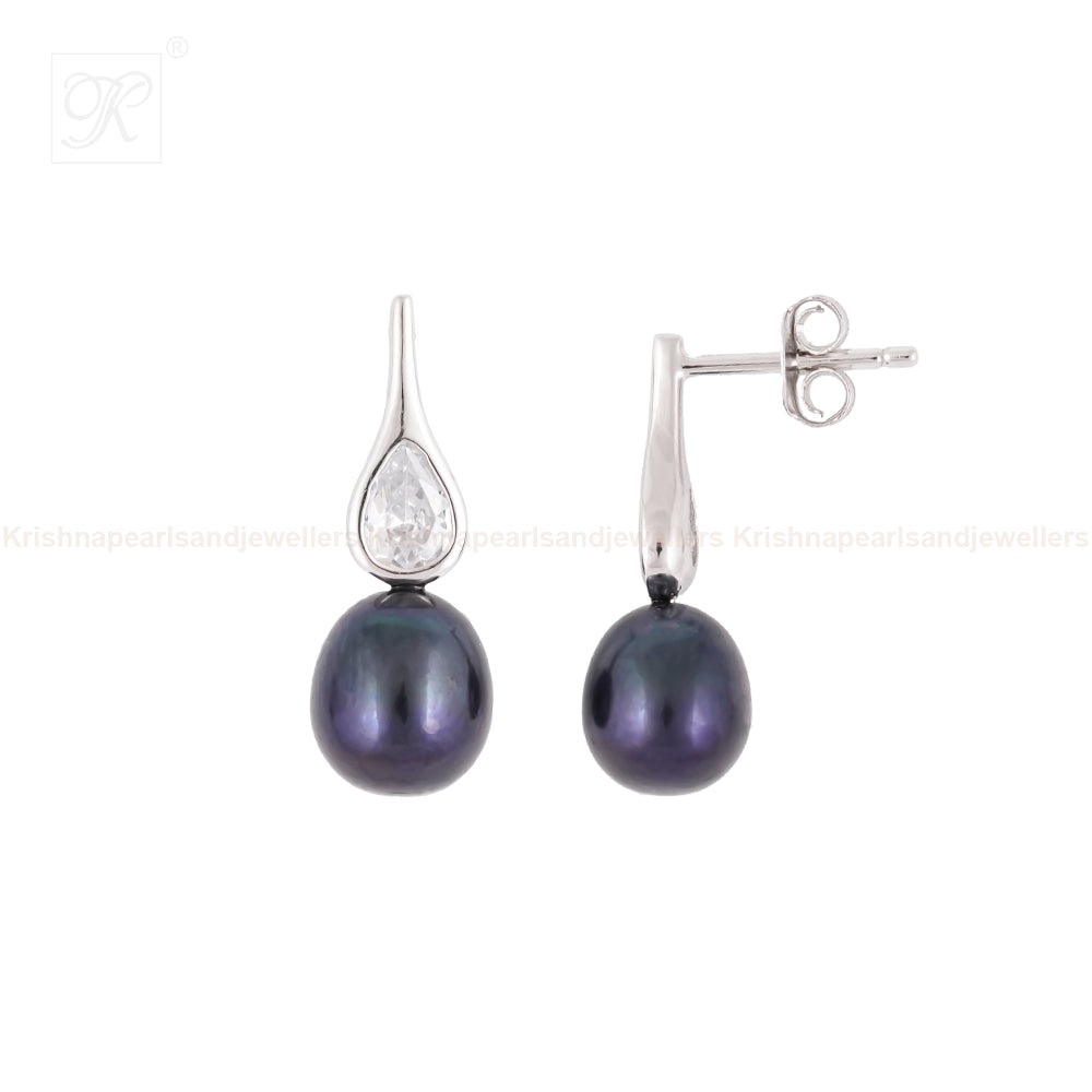Sleek Silver Drop Earrings with Black | Krishna Pearls and Jewellers