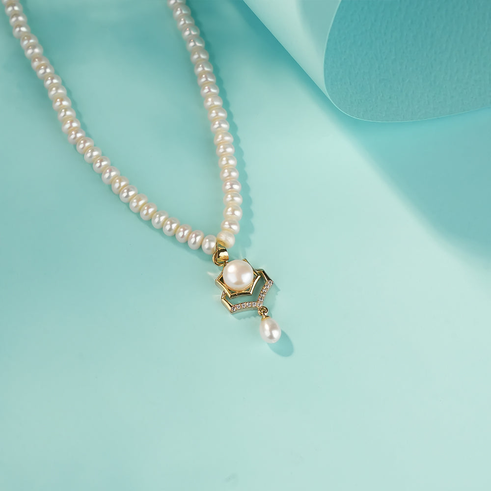 Geometric Pearl Pendant Necklace Set with Crystal AD pipes Pearl Bracelet & Matching Drop Earrings | Premium Pearl Jewellery Combo Set for Women.