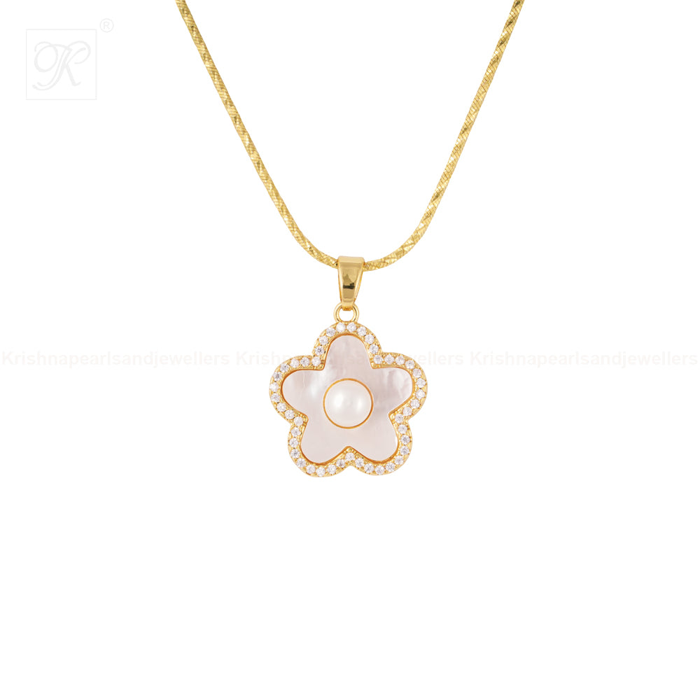 Golden Petal White Pearl Pendant & Earrings | Krishna Pearls and Jewellers