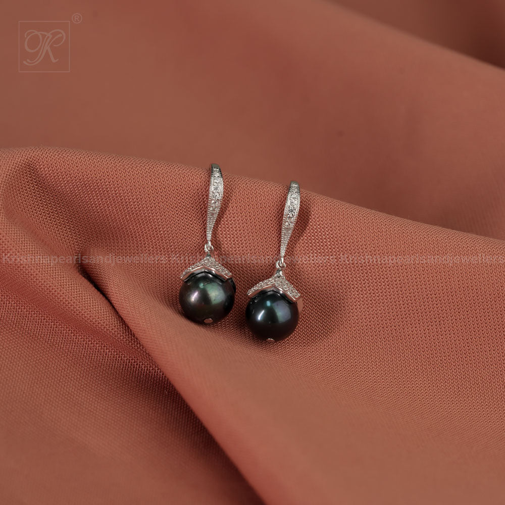 Silver Hanging Pearl Earrings with CZ | Krishna Pearls and Jewellers