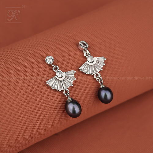Black Pearl Drop Earrings with CZ | Krishna Pearls and Jewellers