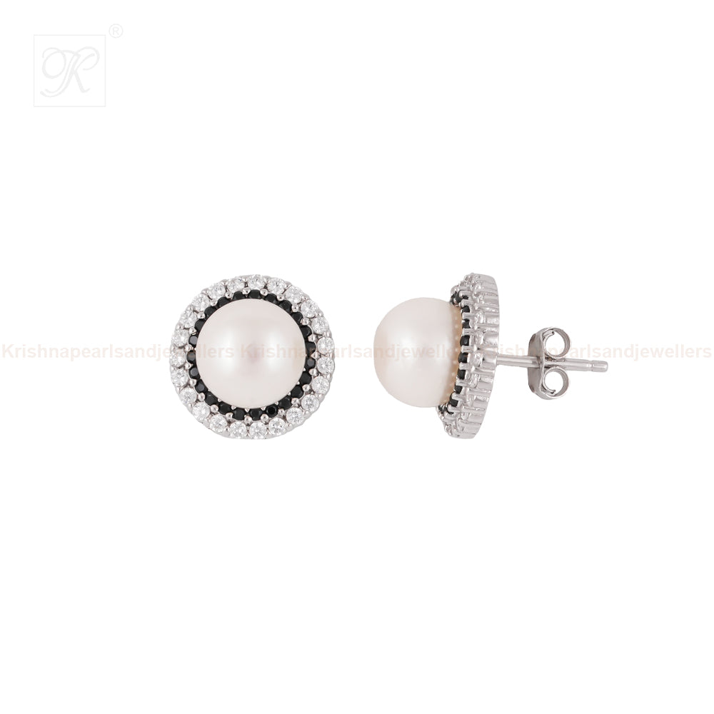 Silver white pearl with CZ earrings | Krishna Pearls and Jewellers