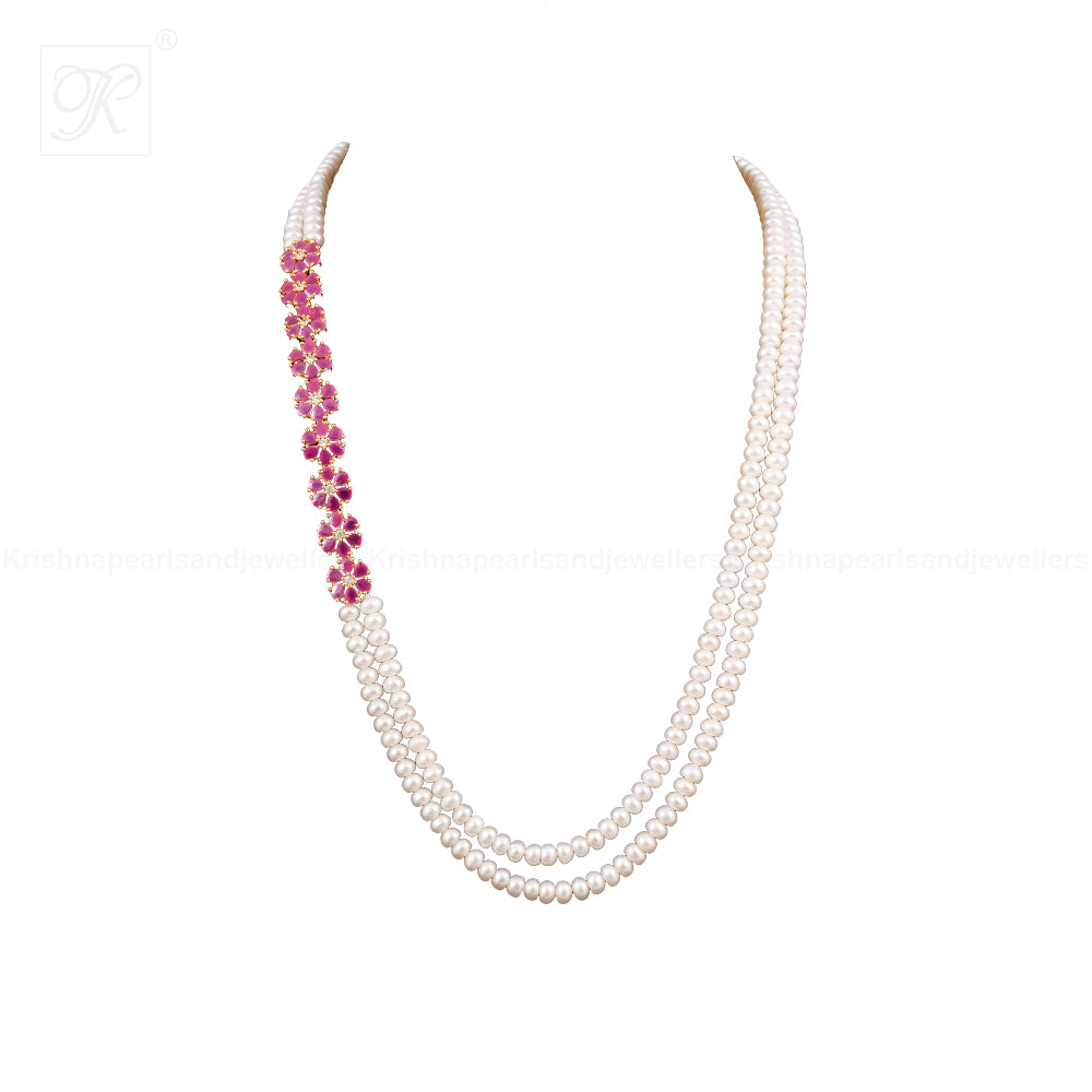 Elegant Red stone Floral Pearl Jewelry Set | Krishna Pearls and Jewellers