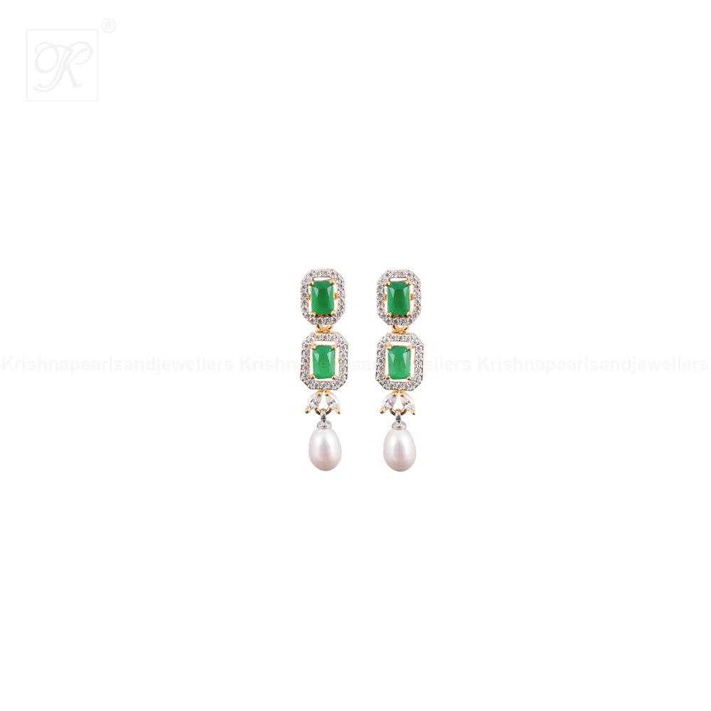 Green Square Cascade Pearl Necklace Set | Krishna Pearls and Jewellers