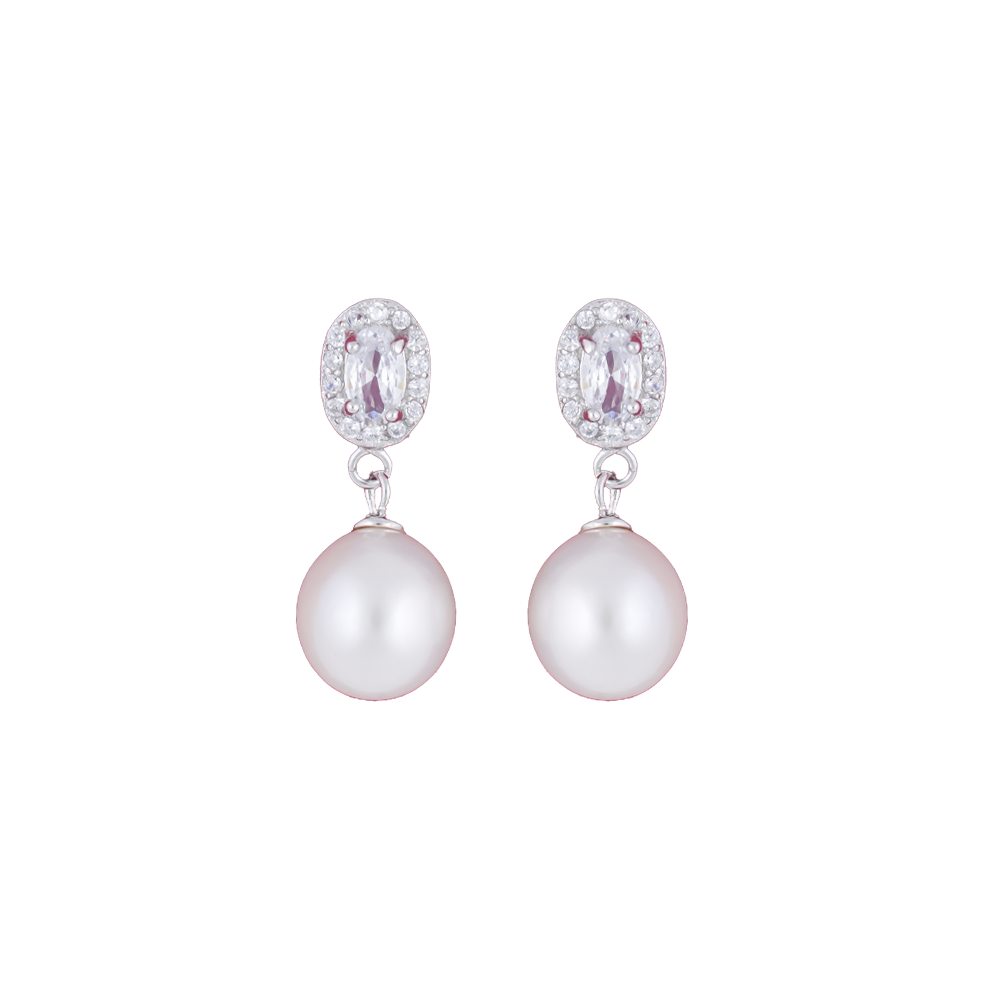 Silver CZ Oval Stud Earrings with Cream | Krishna Pearls and Jewellers