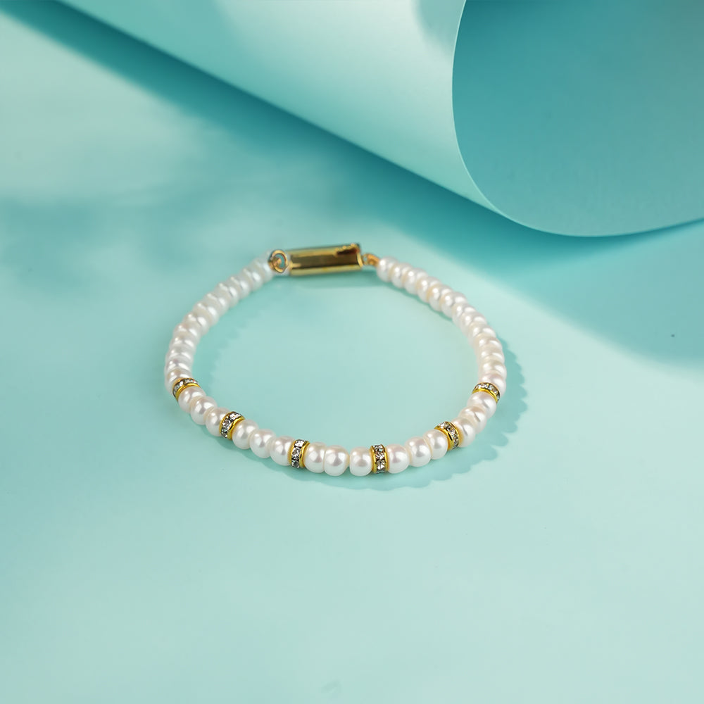 Geometric Pearl Pendant Necklace Set with Crystal AD pipes Pearl Bracelet & Matching Drop Earrings | Premium Pearl Jewellery Combo Set for Women.