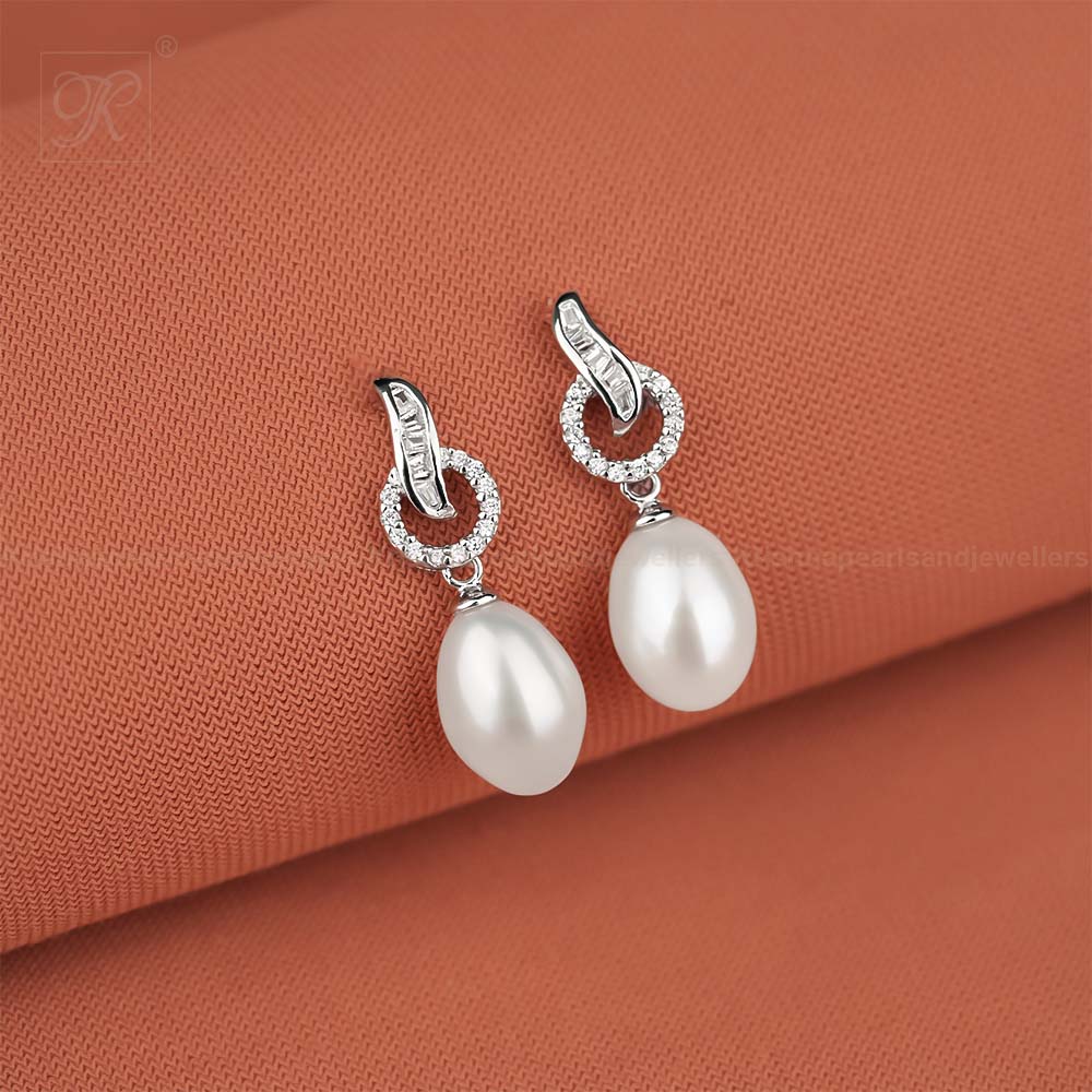 Halo Drop Pearl Earrings with CZ Accents | Krishna Pearls and Jewellers
