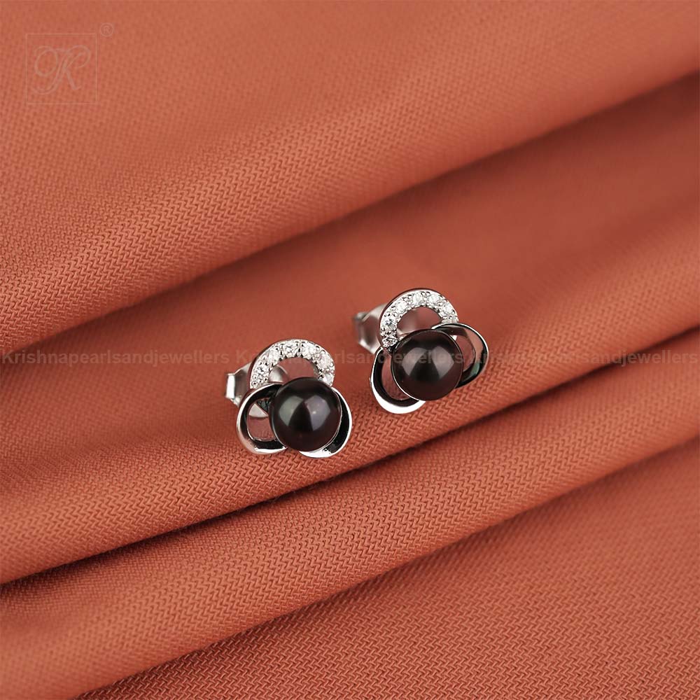 Black Pearl CZ Blossom Stud Earrings | Krishna Pearls and Jewellers