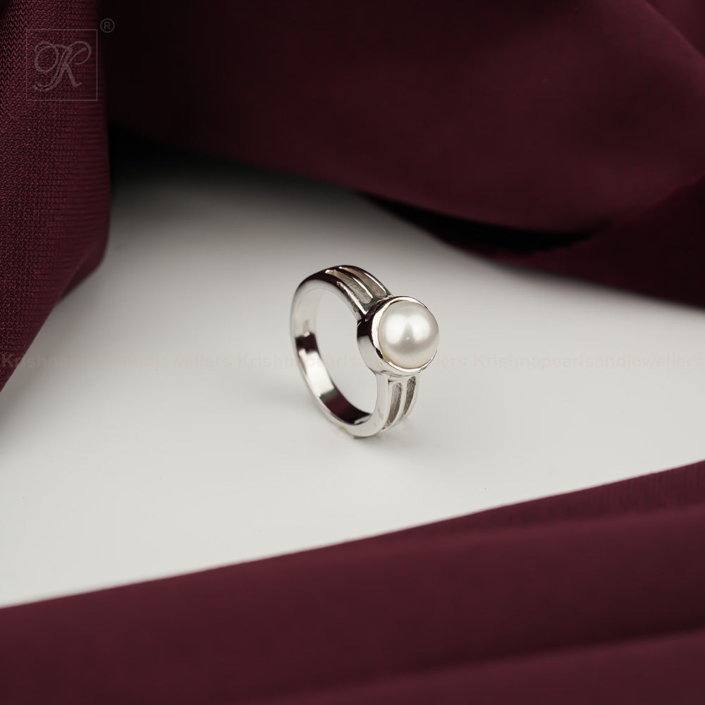 Celestial Allure: White Pearl Ring with | Krishna Pearls and Jewellers
