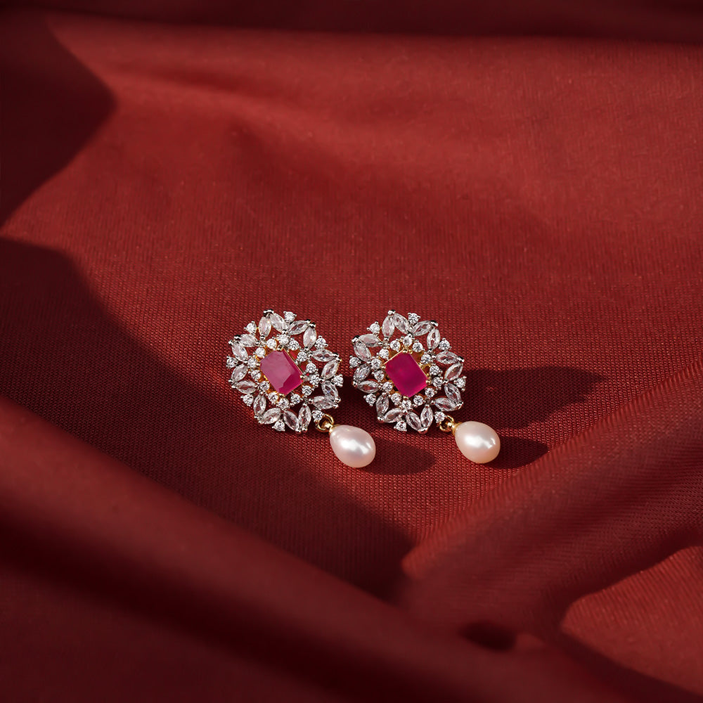 Red Stone Pink Floral Statement Pendant Pearl Jewelry for Women