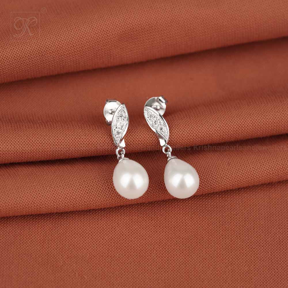 Blush Pearl Drop Earrings with Twisted CZ | Krishna Pearls and Jewellers