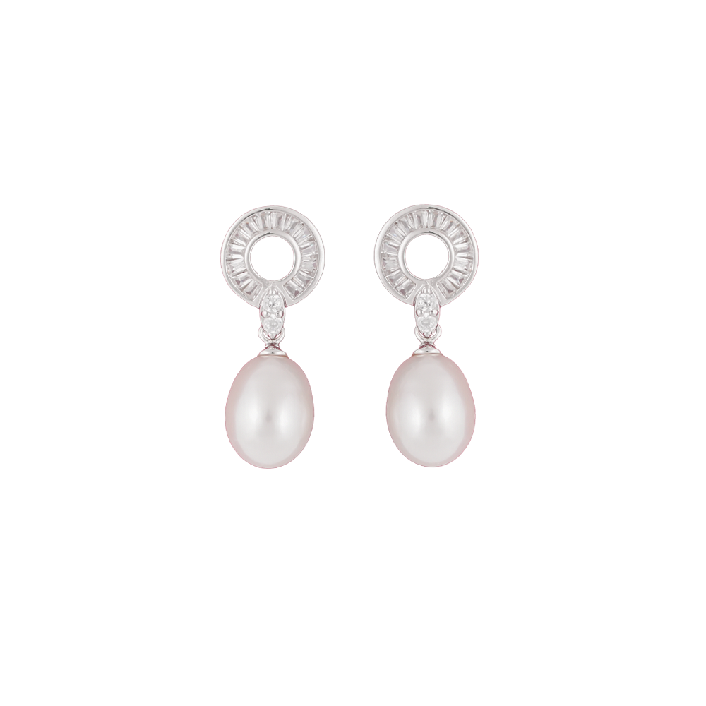 Silver CZ Circle Drop Earrings with Cream | Krishna Pearls and Jewellers