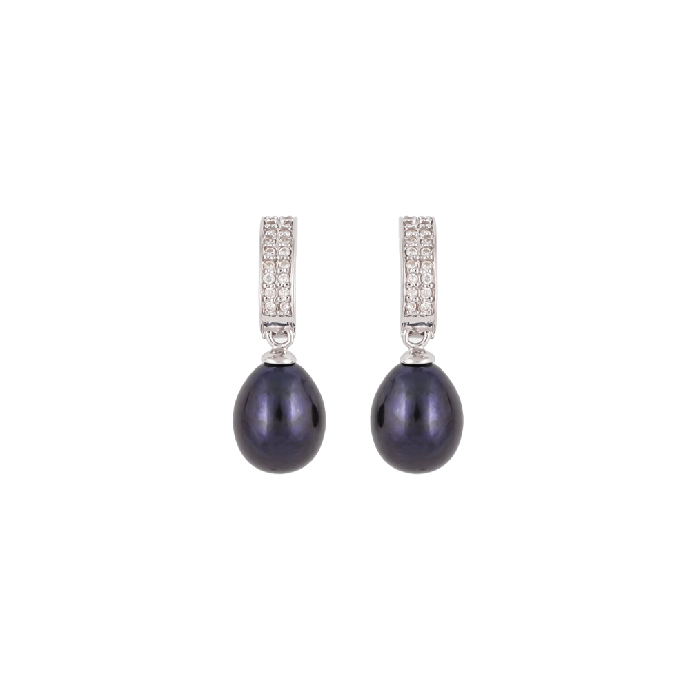 Silver CZ Huggie Hoop Earrings with Black | Krishna Pearls and Jewellers