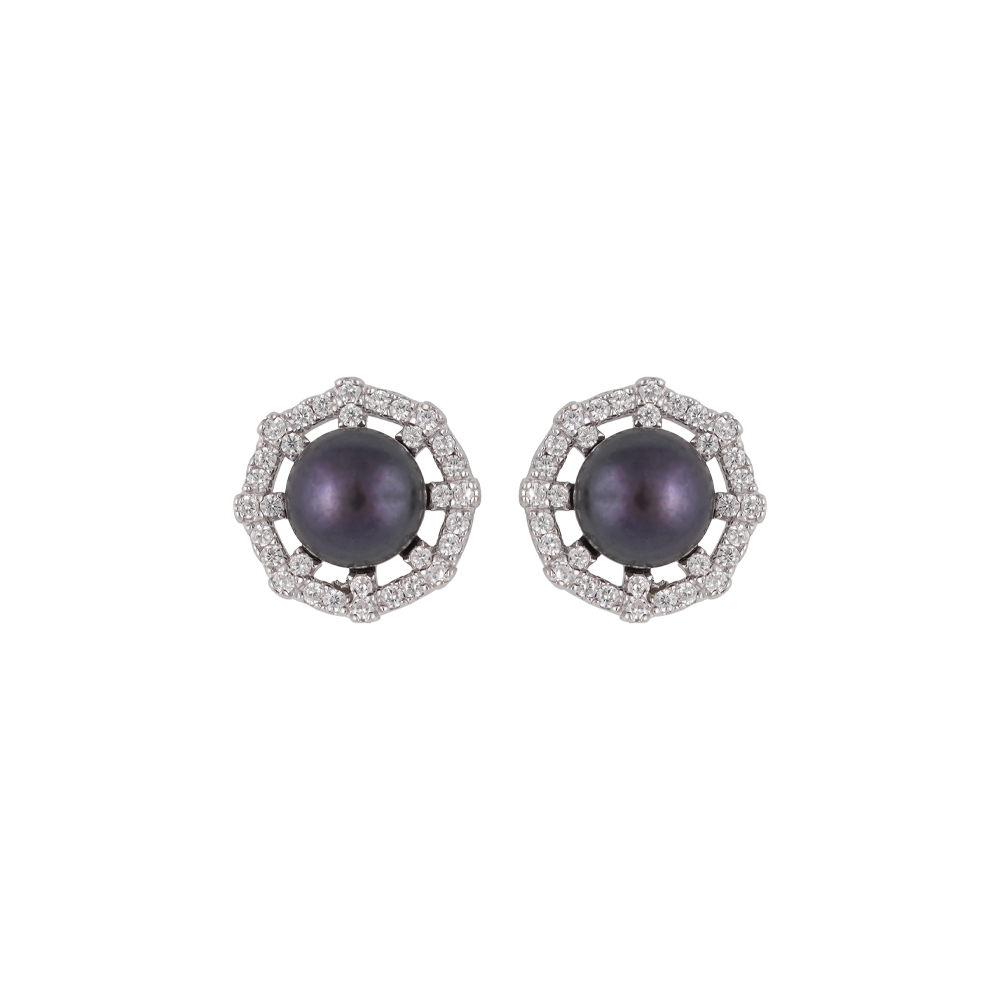 Sterling Silver CZ Pearl Round Studs | Krishna Pearls and Jewellers