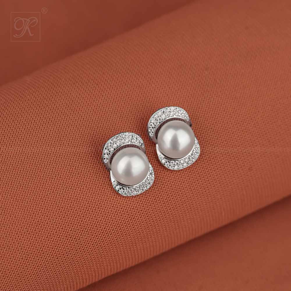 Radiant Embrace Pearl Stud Earrings with CZ | Krishna Pearls and Jewellers
