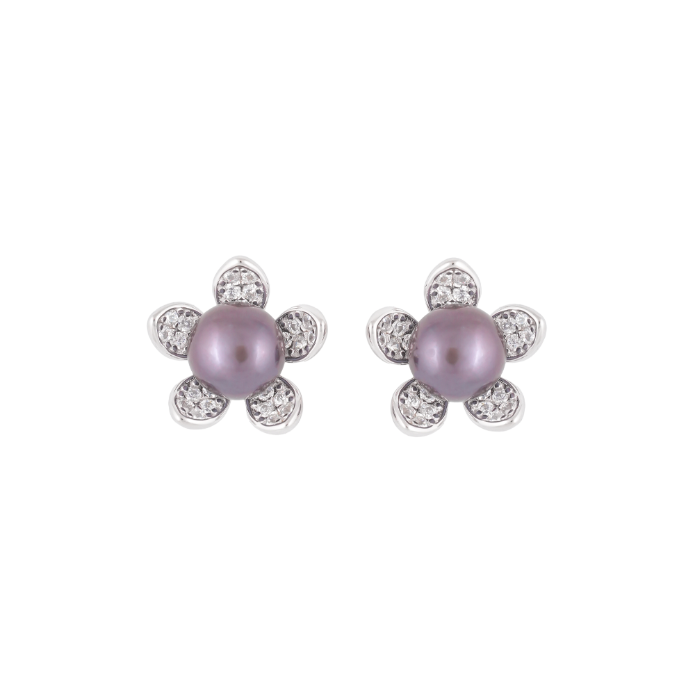 Silver Leaf Design Black Pearl Earrings | Krishna Pearls and Jewellers