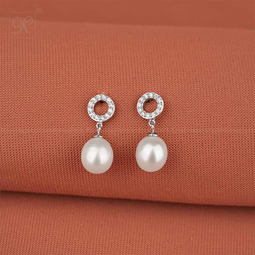 Classic Pearl Drop Studs with sparkling CZ | Krishna Pearls and Jewellers