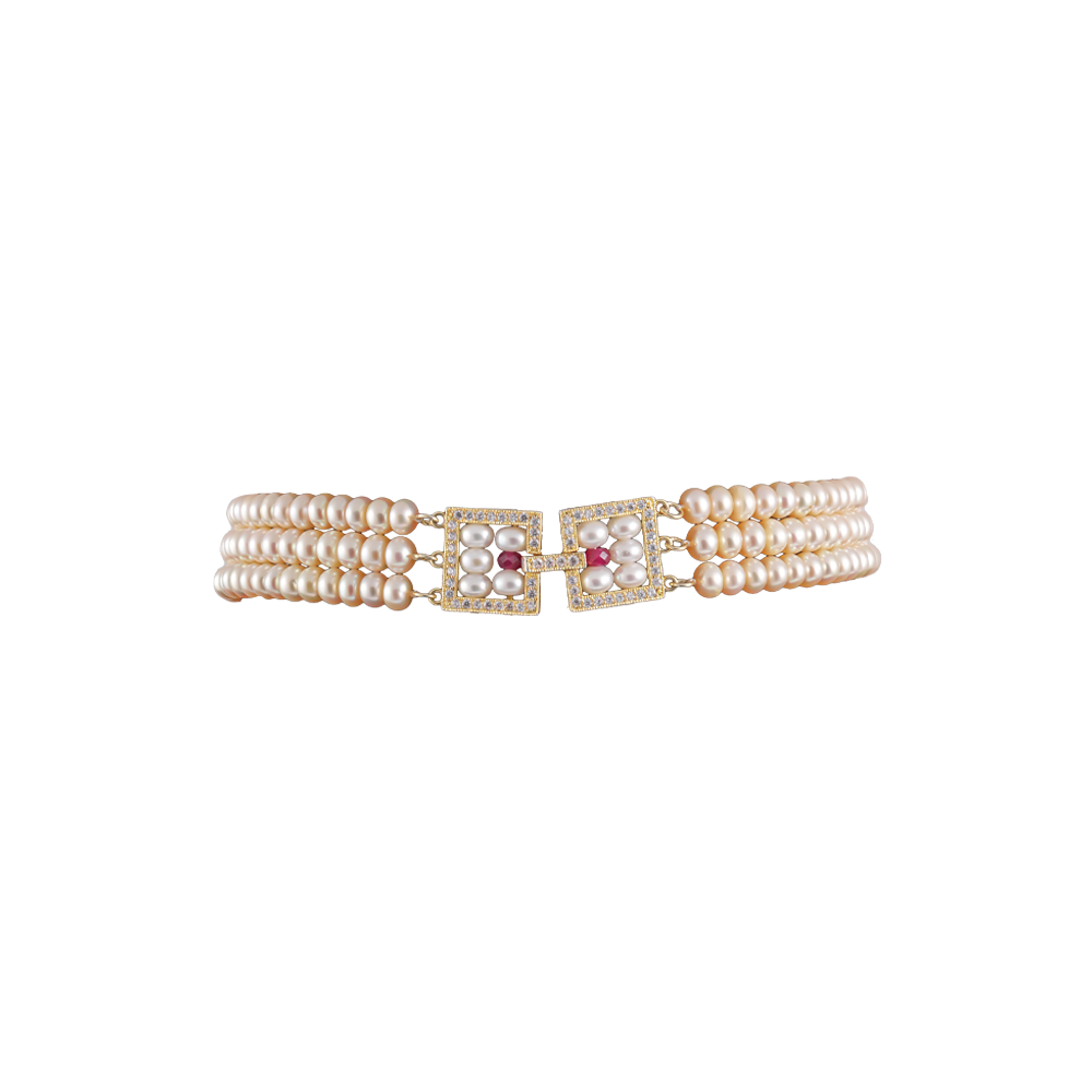 Regal Gold Clasp Triple-Strand Pearl Choker | Krishna Pearls and Jewellers