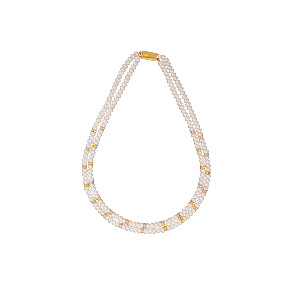 Double-Strand White Pearl String with Gold | Krishna Pearls and Jewellers