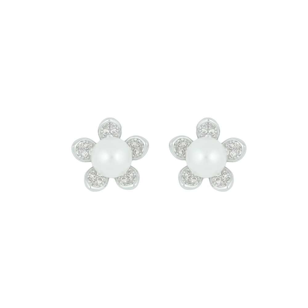 Silver Pearl Stud Earrings with CZ | Krishna Pearls and Jewellers