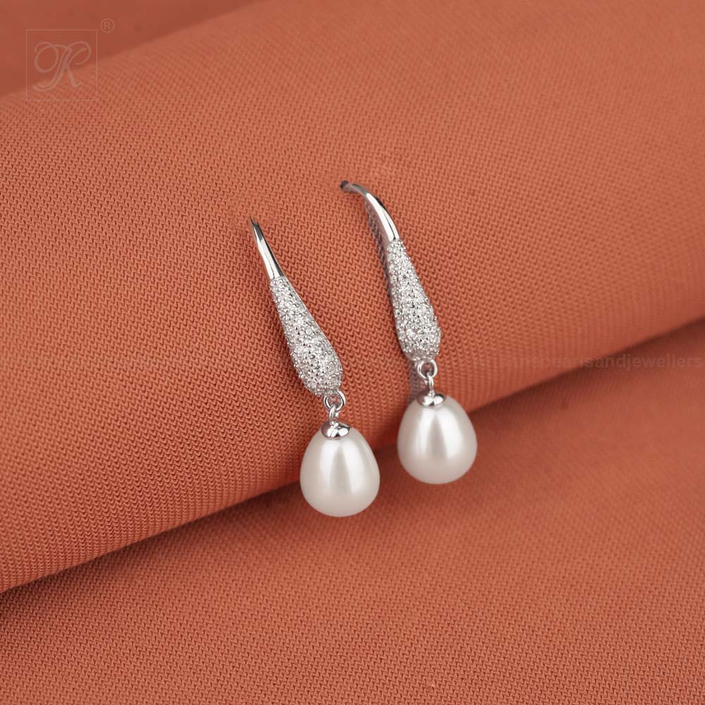 Silver Crystal Elegance Pearl Drop Earrings | Krishna Pearls and Jewellers