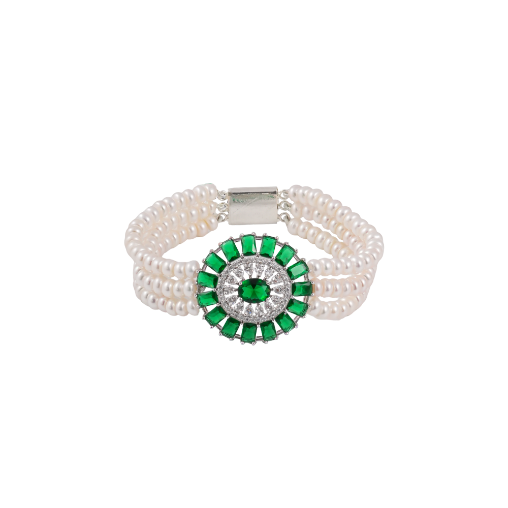Emerald Bloom: Triple-Strand Pearl Bracelet | Krishna Pearls and Jewellers