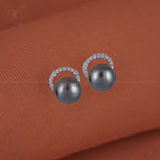 Black greyish Glow Pearl & CZ Stud Earrings | Krishna Pearls and Jewellers