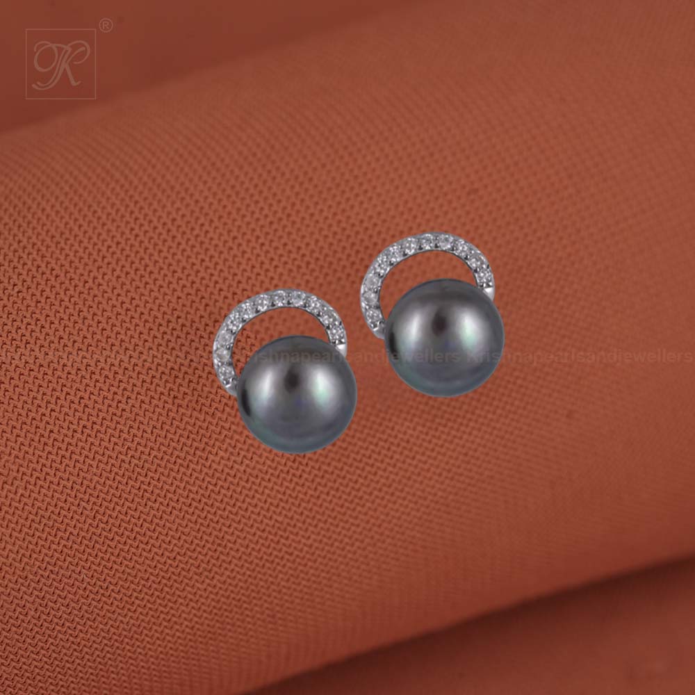 Black greyish Glow Pearl & CZ Stud Earrings | Krishna Pearls and Jewellers