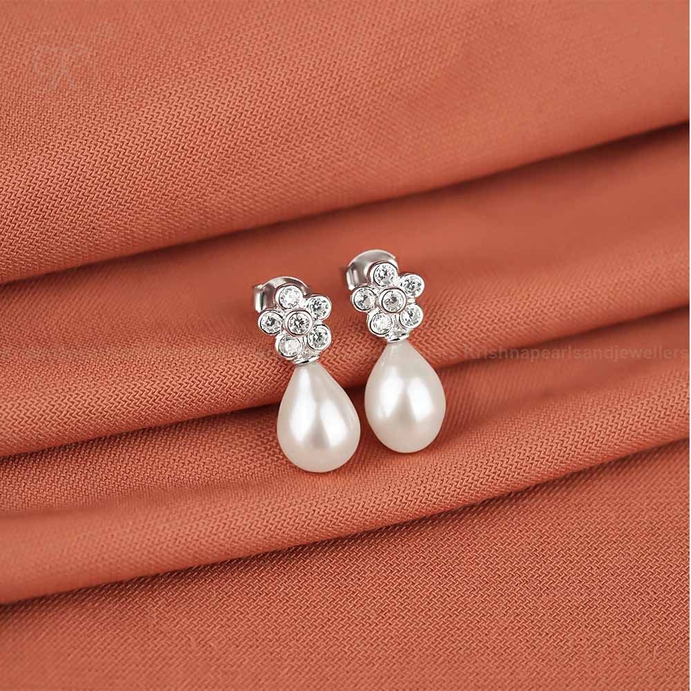 Silver Iridescent Blossom Drop Earrings | Krishna Pearls and Jewellers