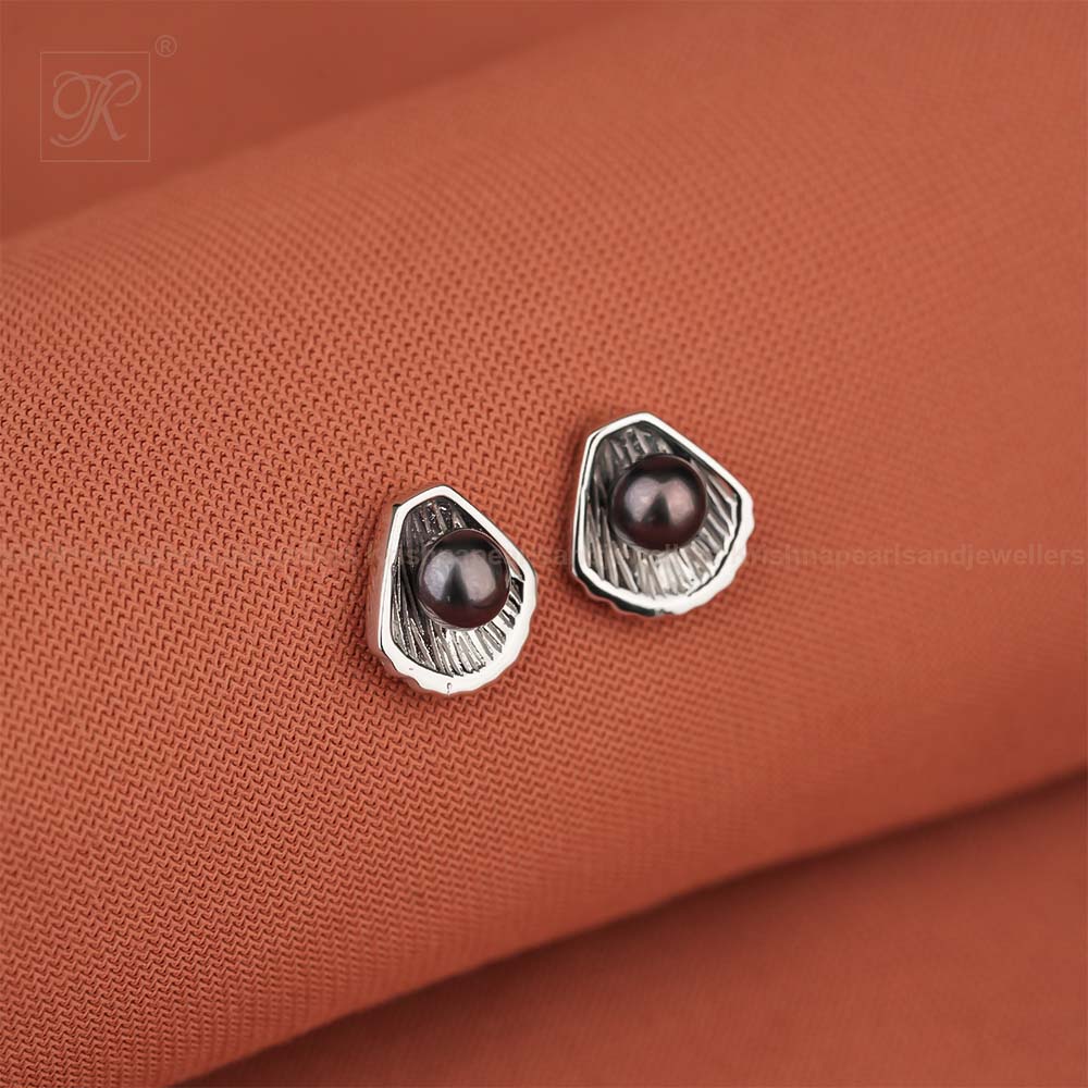 SILVER BLACK PEARL STUDD EARRINGS | Krishna Pearls and Jewellers