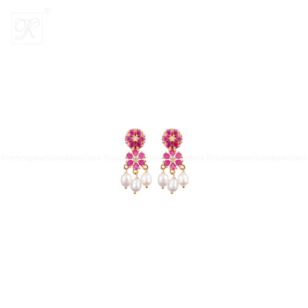 Elegant Red stone Floral Pearl Jewelry Set | Krishna Pearls and Jewellers
