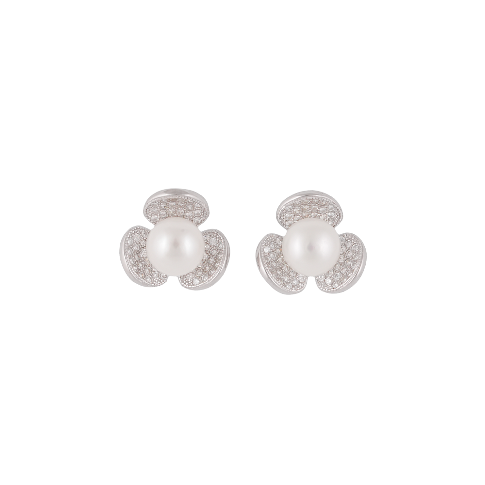 Silver Leaf studd earrings with CZ | Krishna Pearls and Jewellers