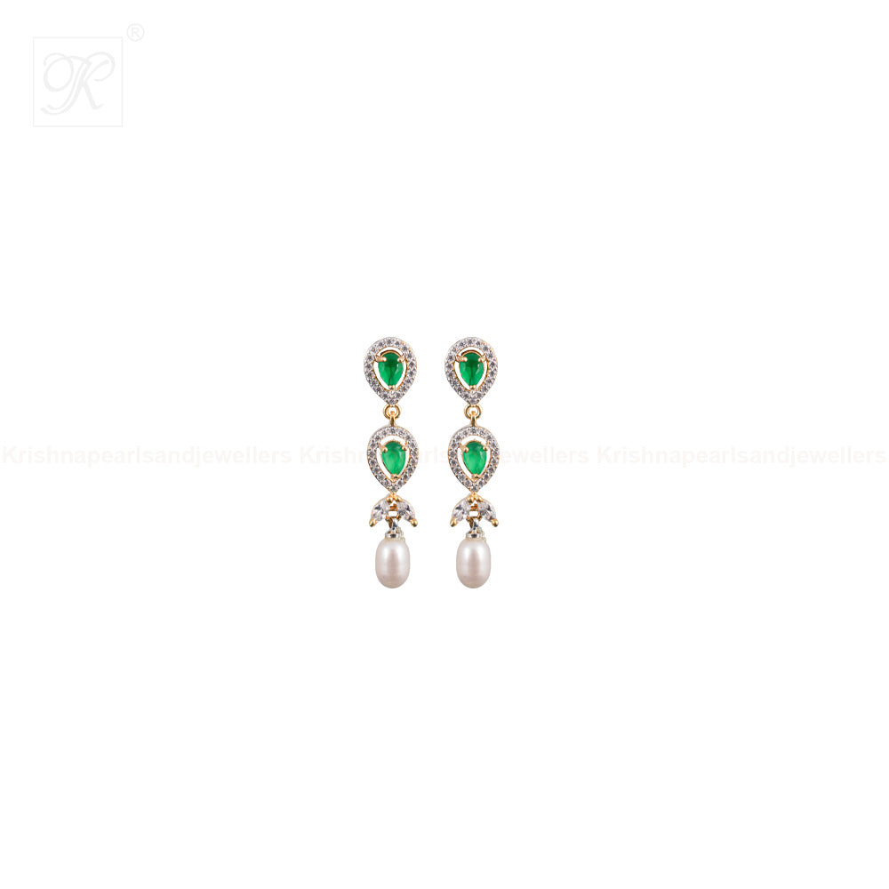 CZ with Green Stone Teardrop Pearl Necklace | Krishna Pearls and Jewellers
