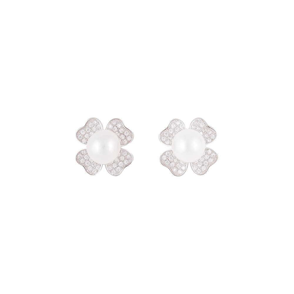 Silver CZ Floral Stud Earrings with White | Krishna Pearls and Jewellers