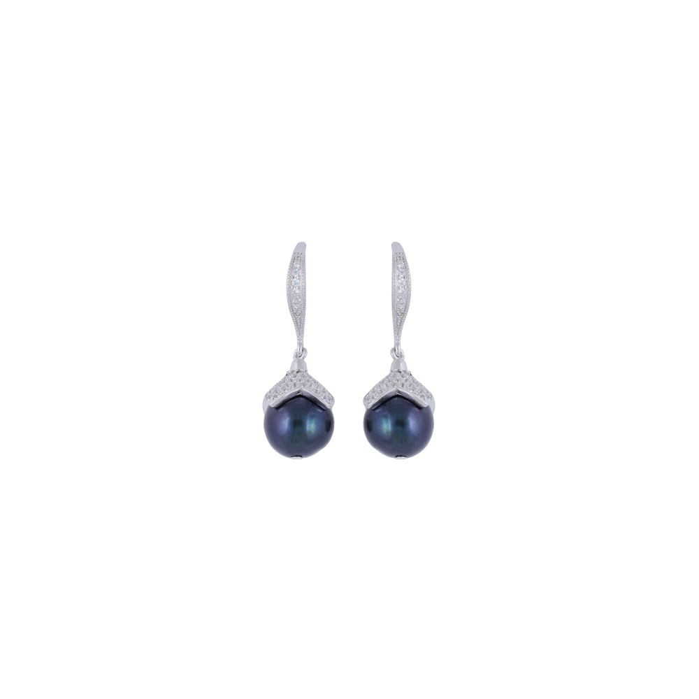 Silver Hanging Pearl Earrings with CZ | Krishna Pearls and Jewellers