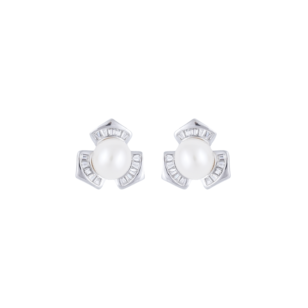 Silver Pearl Blossom Stud Earrings | Krishna Pearls and Jewellers