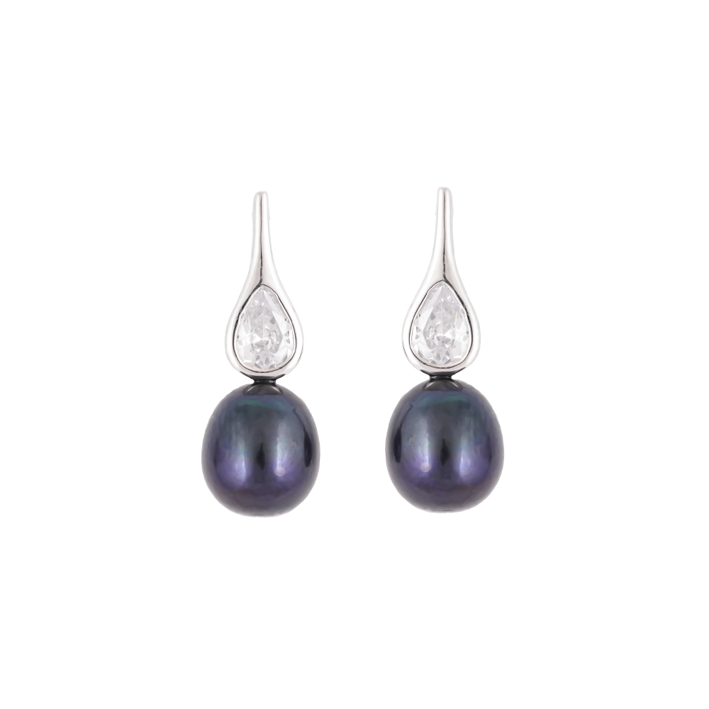 Sleek Silver Drop Earrings with Black | Krishna Pearls and Jewellers