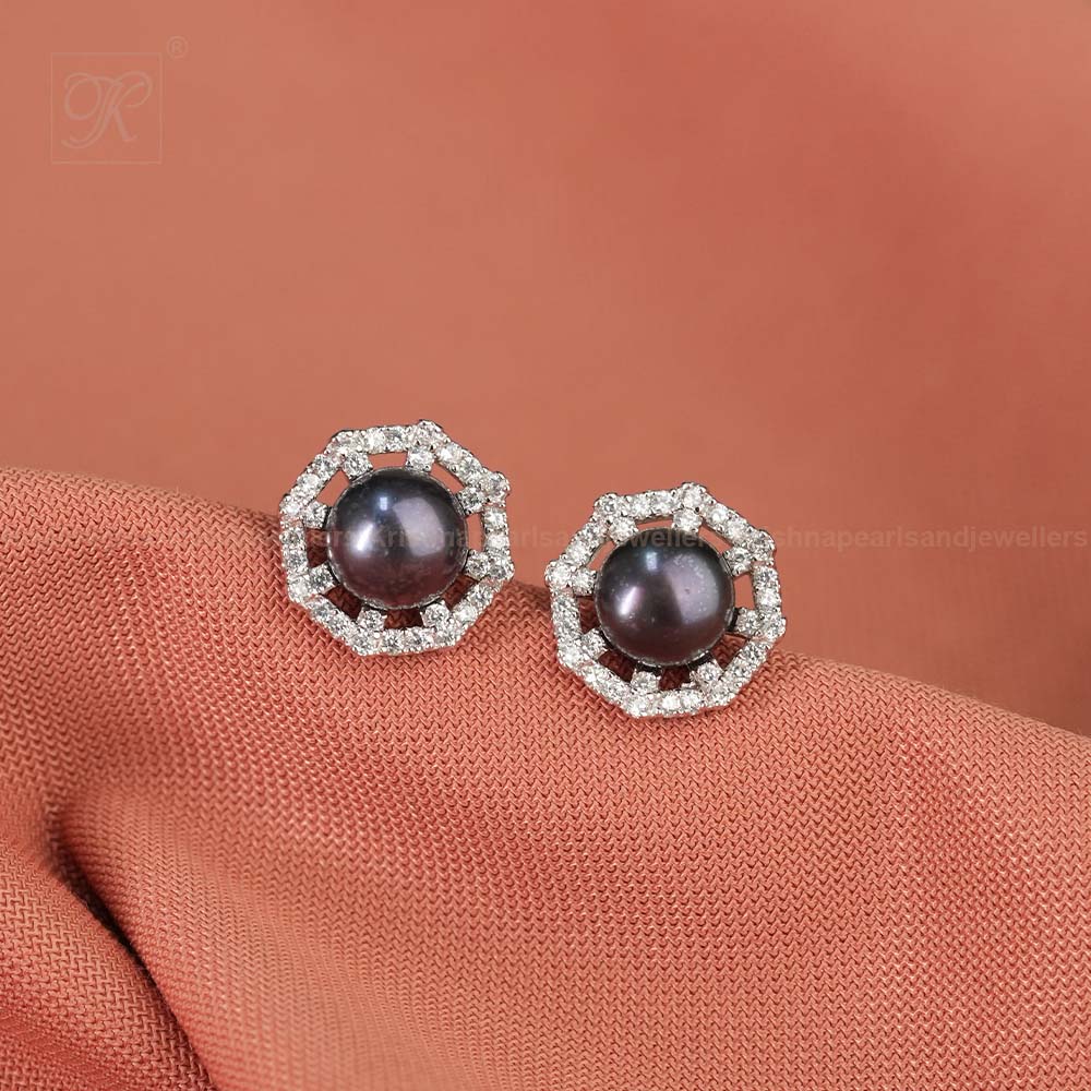 Sterling Silver CZ Pearl Round Studs | Krishna Pearls and Jewellers
