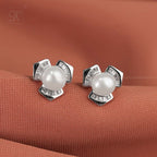 Silver Pearl Blossom Stud Earrings | Krishna Pearls and Jewellers