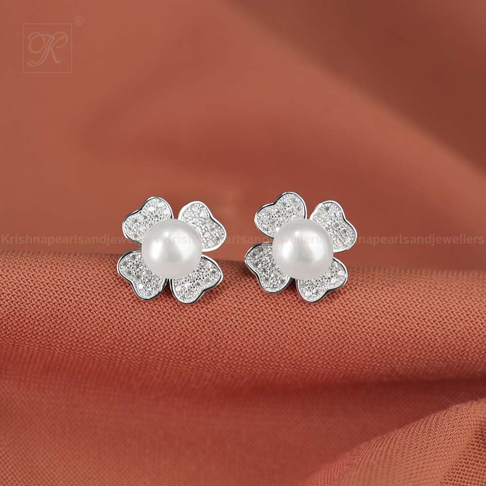 Silver CZ Floral Stud Earrings with White | Krishna Pearls and Jewellers